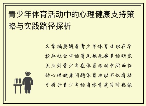 青少年体育活动中的心理健康支持策略与实践路径探析