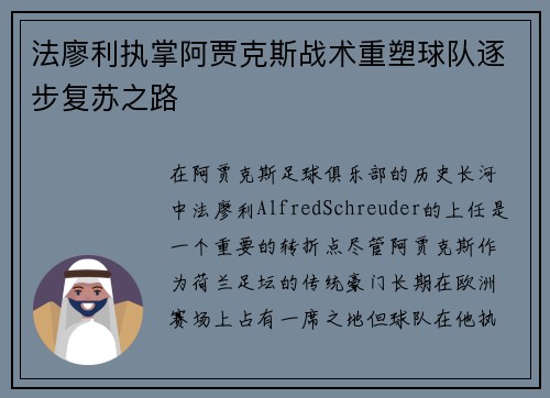 法廖利执掌阿贾克斯战术重塑球队逐步复苏之路