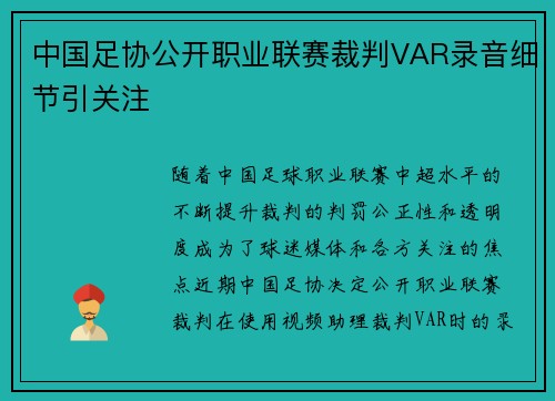 中国足协公开职业联赛裁判VAR录音细节引关注 中国足协公开职业联赛裁判VAR录音细节引关注